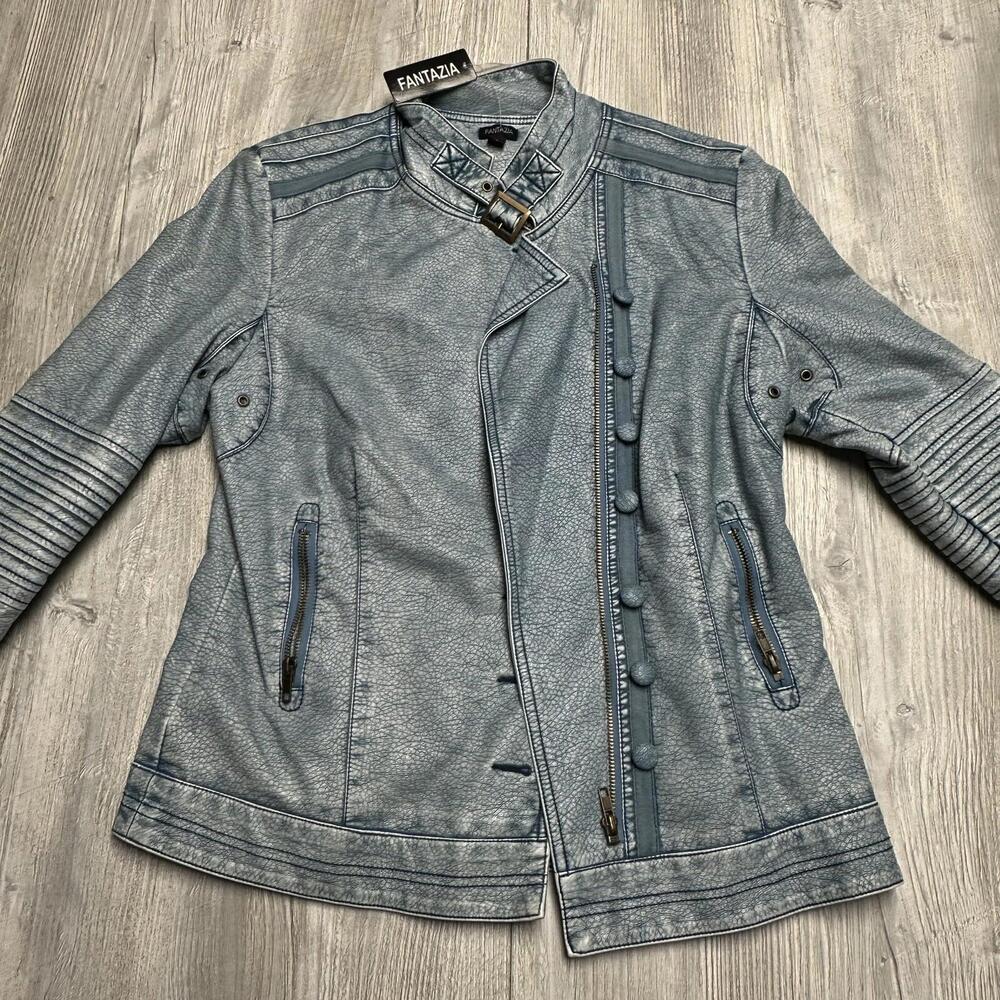 Fantazia Jacket Womens Small Blue Vegan Leather Bomber Moto Cafe Cruiser NWT